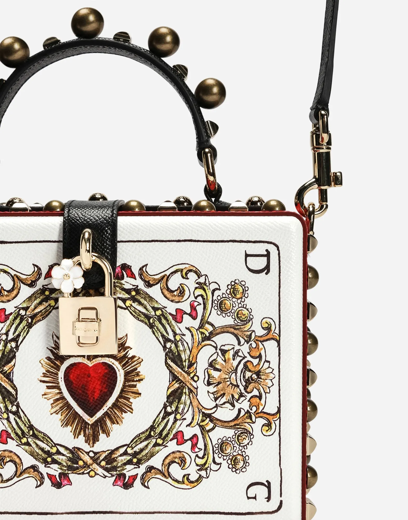 Card Print Leather Box Bag with Appliques