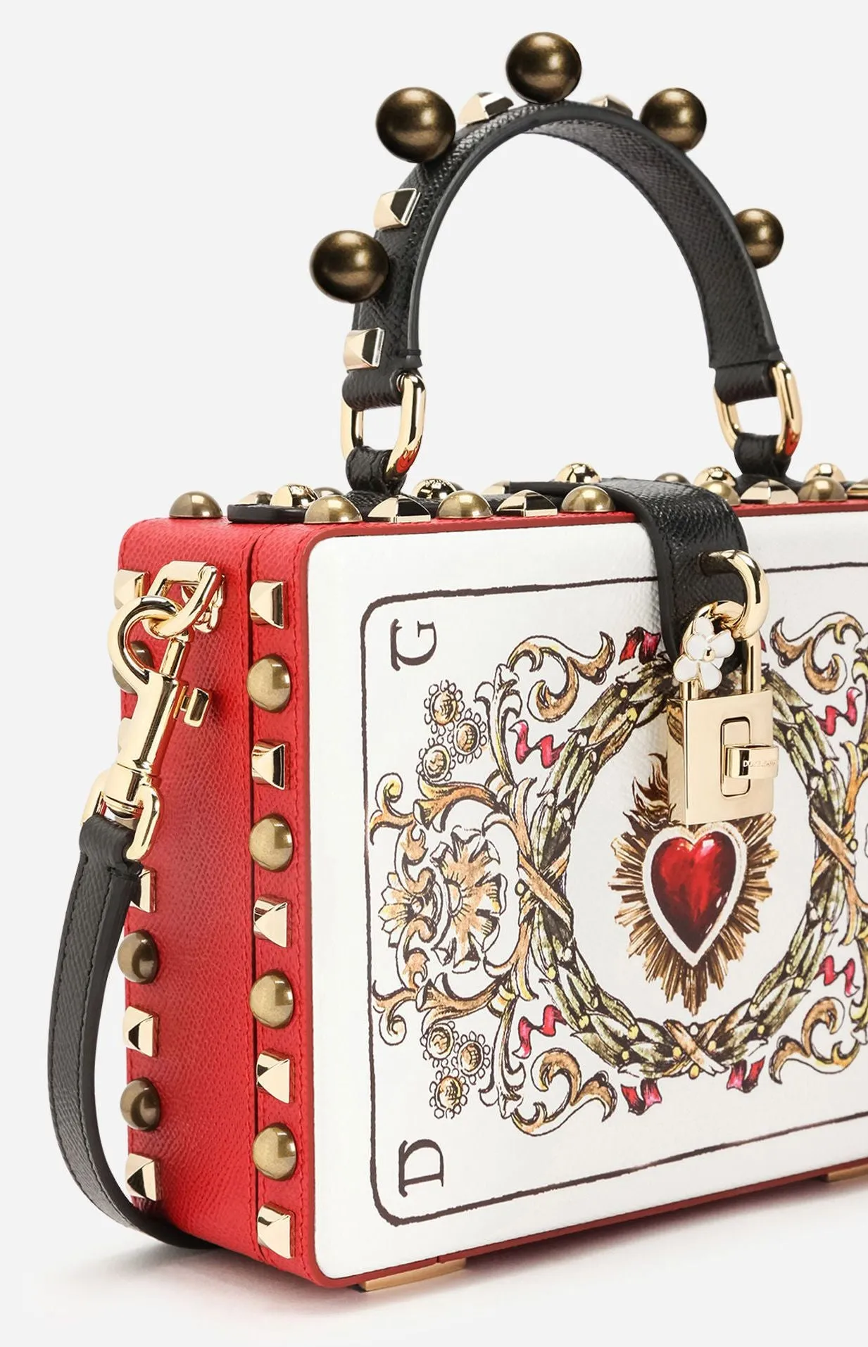 Card Print Leather Box Bag with Appliques