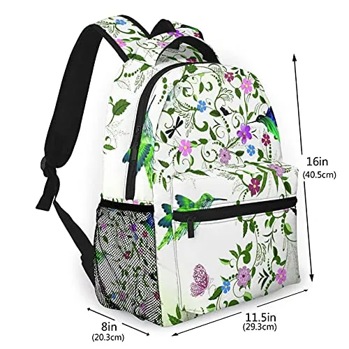 Casual Backpack,Hummingbird Swirled Leaves With Blossomi,Business Daypack Schoolbag For Men Women Teen