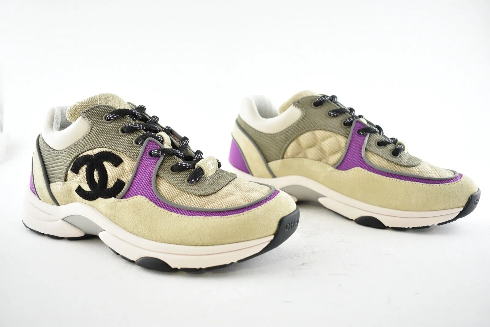 CHANEL MESH SUEDE CALFSKIN CC LO TOP TRAINERS SNEAKERS