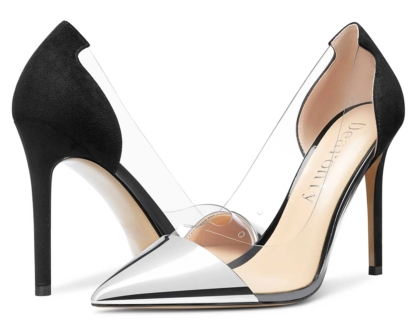 DearOnly Women's High Heels Transparent Clear Pumps Slip On Sexy Pointed Toe Stilettos 4" Inch Splicing Colorfull Heel