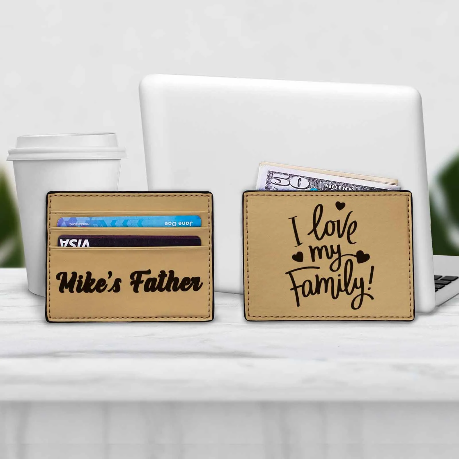 Father's Day Gifts | Personalized Name Front Pocket Minimalist Leather Slim Wallet Credit Card Holder Pocket Wallets for Dad