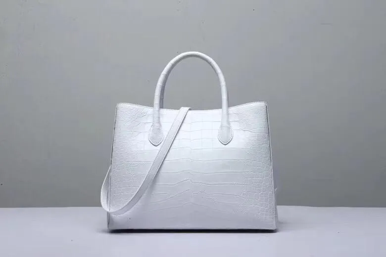 Genuine Crocodile Belly Leather Top Handle Bags For Women White 35cm