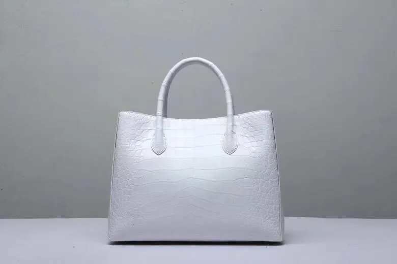Genuine Crocodile Belly Leather Top Handle Bags For Women White 35cm