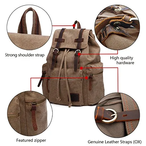 GINGOOD Canvas Backpacks Vintage Rucksack Casual Leather Army Kipling Knapsack 19L Khaki #220
