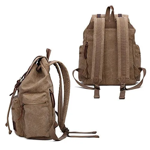 GINGOOD Canvas Backpacks Vintage Rucksack Casual Leather Army Kipling Knapsack 19L Khaki #220