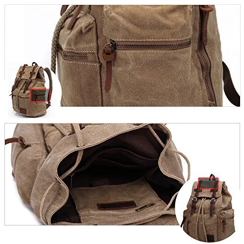 GINGOOD Canvas Backpacks Vintage Rucksack Casual Leather Army Kipling Knapsack 19L Khaki #220