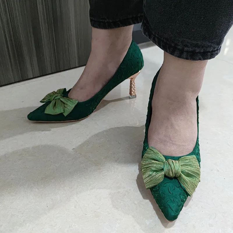 Green Silk Bowtie High Heels Pumps for Women Sexy Pointed Toe Metal Stiletto Heels Wedding Party Shoes Woman  Spring Bombas