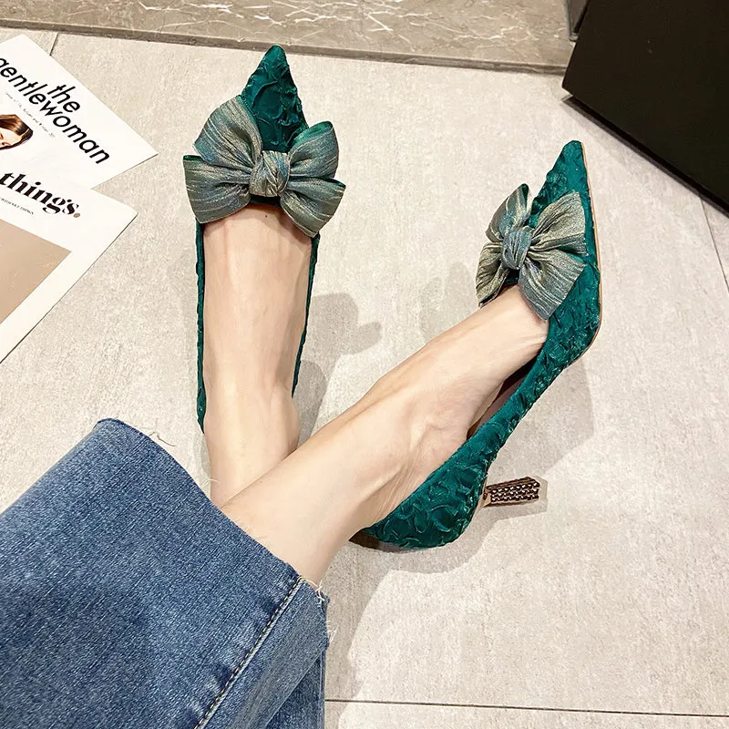 Green Silk Bowtie High Heels Pumps for Women Sexy Pointed Toe Metal Stiletto Heels Wedding Party Shoes Woman  Spring Bombas