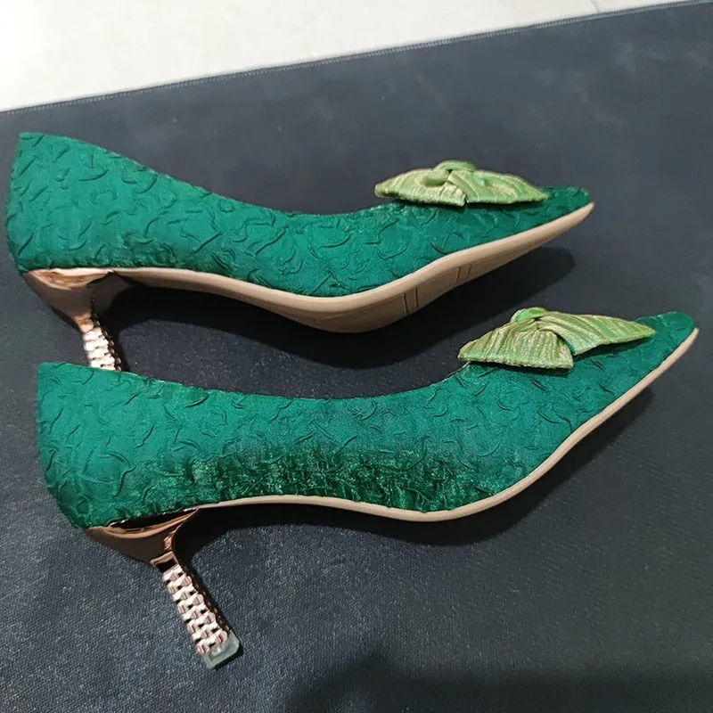 Green Silk Bowtie High Heels Pumps for Women Sexy Pointed Toe Metal Stiletto Heels Wedding Party Shoes Woman  Spring Bombas