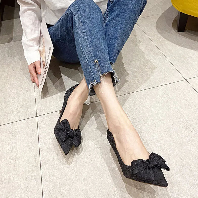 Green Silk Bowtie High Heels Pumps for Women Sexy Pointed Toe Metal Stiletto Heels Wedding Party Shoes Woman  Spring Bombas