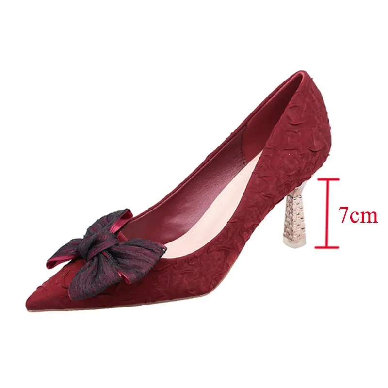 Green Silk Bowtie High Heels Pumps for Women Sexy Pointed Toe Metal Stiletto Heels Wedding Party Shoes Woman  Spring Bombas