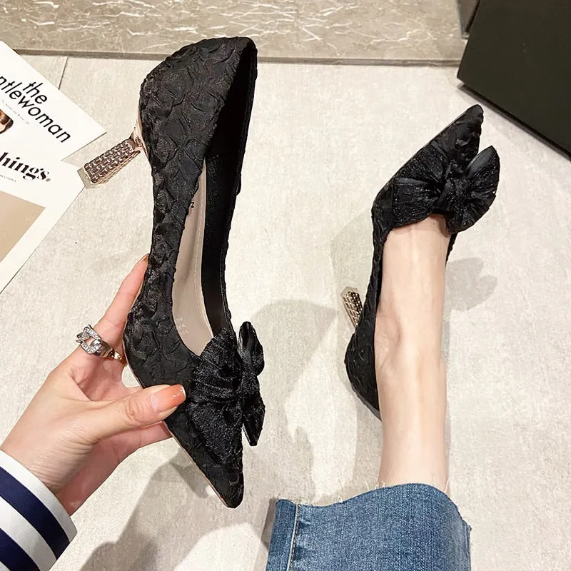 Green Silk Bowtie High Heels Pumps for Women Sexy Pointed Toe Metal Stiletto Heels Wedding Party Shoes Woman  Spring Bombas