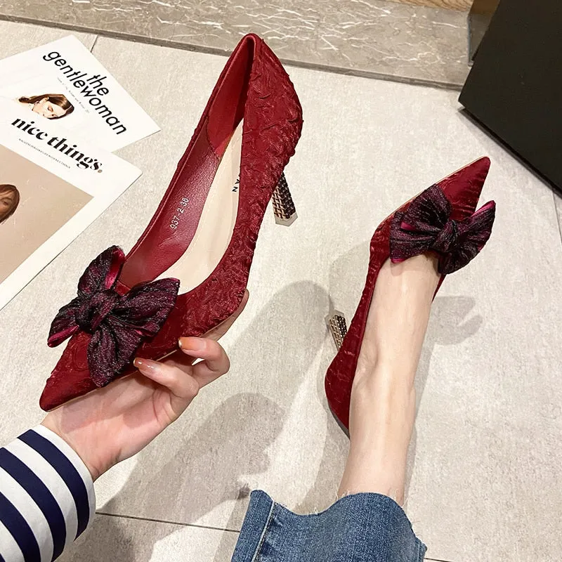 Green Silk Bowtie High Heels Pumps for Women Sexy Pointed Toe Metal Stiletto Heels Wedding Party Shoes Woman  Spring Bombas