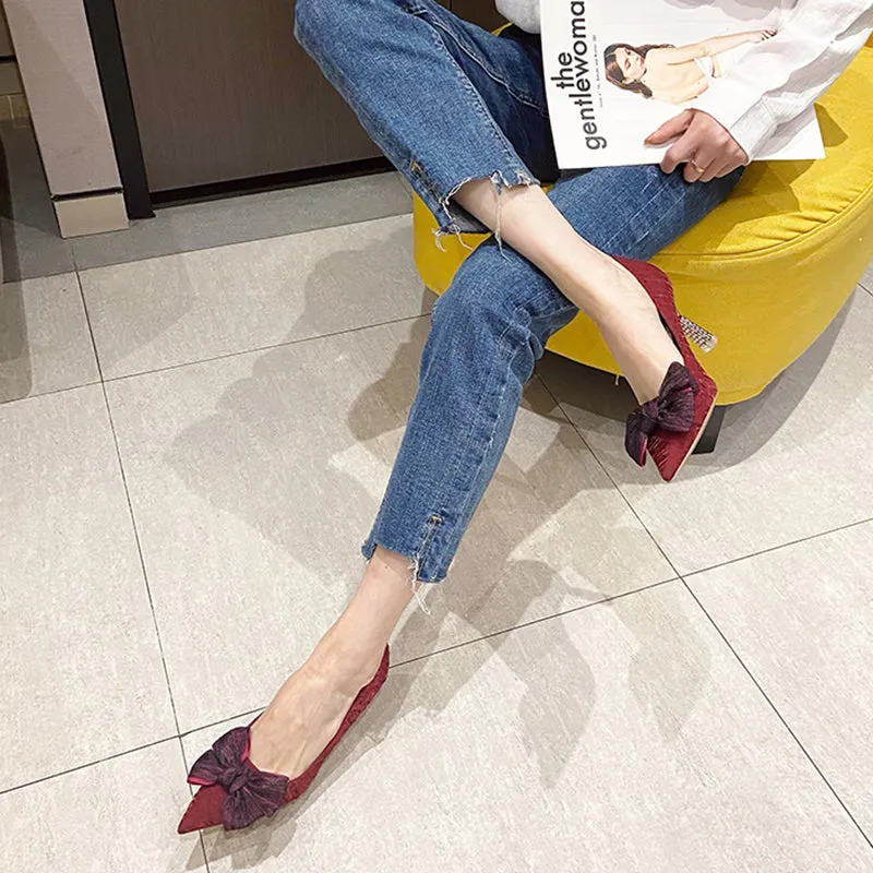 Green Silk Bowtie High Heels Pumps for Women Sexy Pointed Toe Metal Stiletto Heels Wedding Party Shoes Woman  Spring Bombas