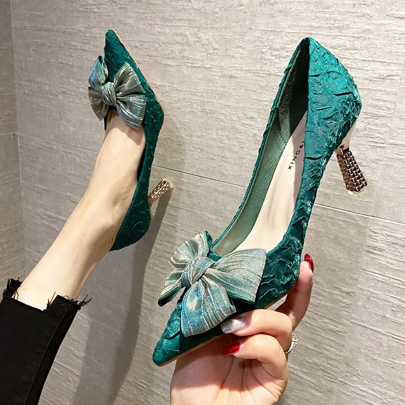 Green Silk Bowtie High Heels Pumps for Women Sexy Pointed Toe Metal Stiletto Heels Wedding Party Shoes Woman  Spring Bombas