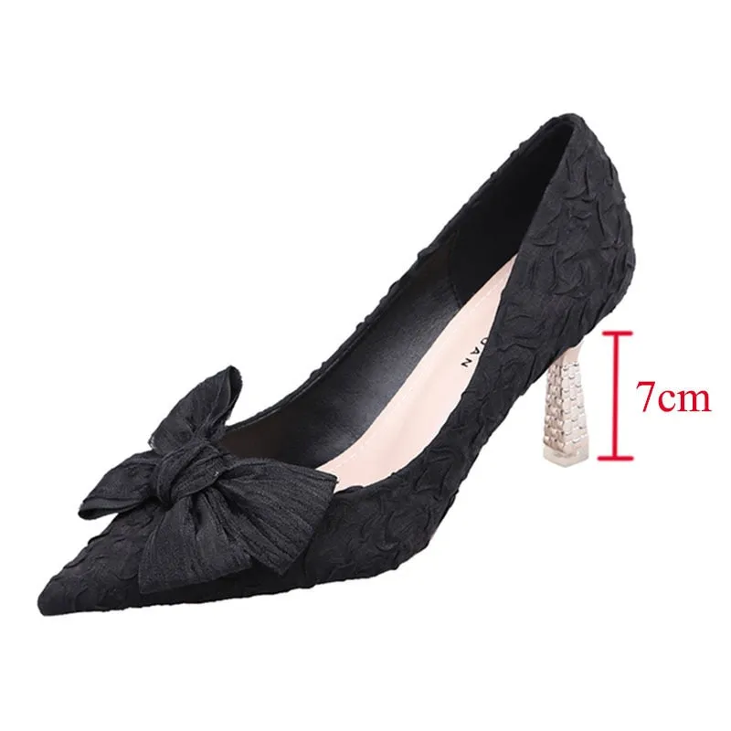 Green Silk Bowtie High Heels Pumps for Women Sexy Pointed Toe Metal Stiletto Heels Wedding Party Shoes Woman  Spring Bombas