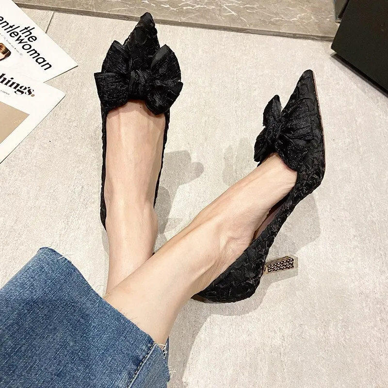 Green Silk Bowtie High Heels Pumps for Women Sexy Pointed Toe Metal Stiletto Heels Wedding Party Shoes Woman  Spring Bombas