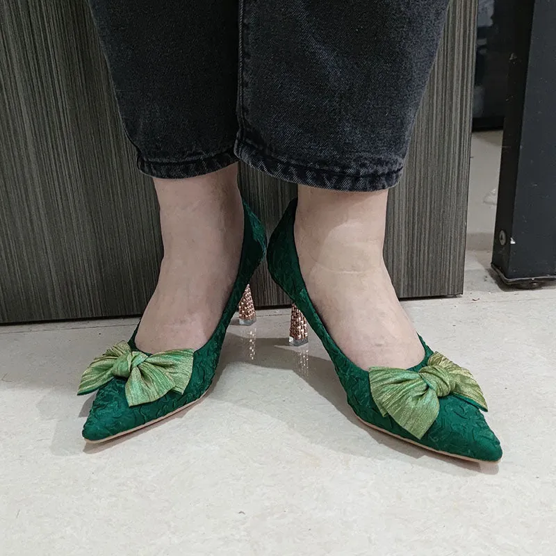 Green Silk Bowtie High Heels Pumps for Women Sexy Pointed Toe Metal Stiletto Heels Wedding Party Shoes Woman  Spring Bombas