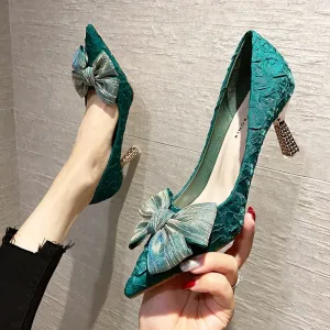 Green Silk Bowtie High Heels Pumps for Women Sexy Pointed Toe Metal Stiletto Heels Wedding Party Shoes Woman  Spring Bombas