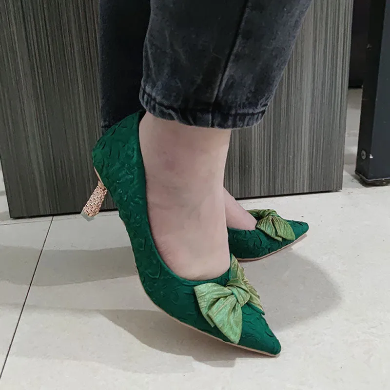 Green Silk Bowtie High Heels Pumps for Women Sexy Pointed Toe Metal Stiletto Heels Wedding Party Shoes Woman  Spring Bombas