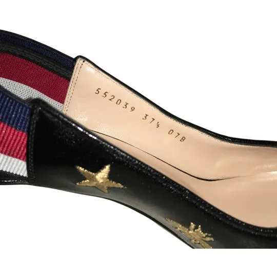 Gucci Women's Embroidered Star & Bee Gold Tone High Heel Slingback Web Pumps