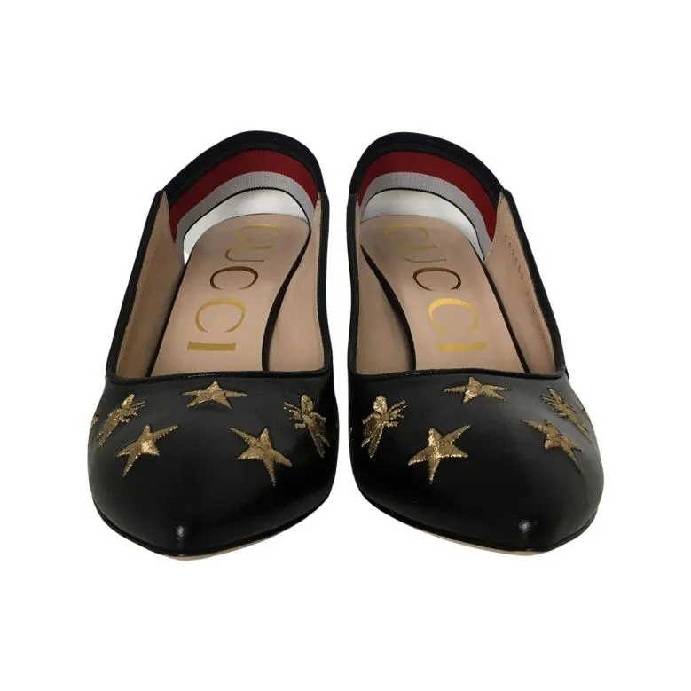 Gucci Women's Embroidered Star & Bee Gold Tone High Heel Slingback Web Pumps
