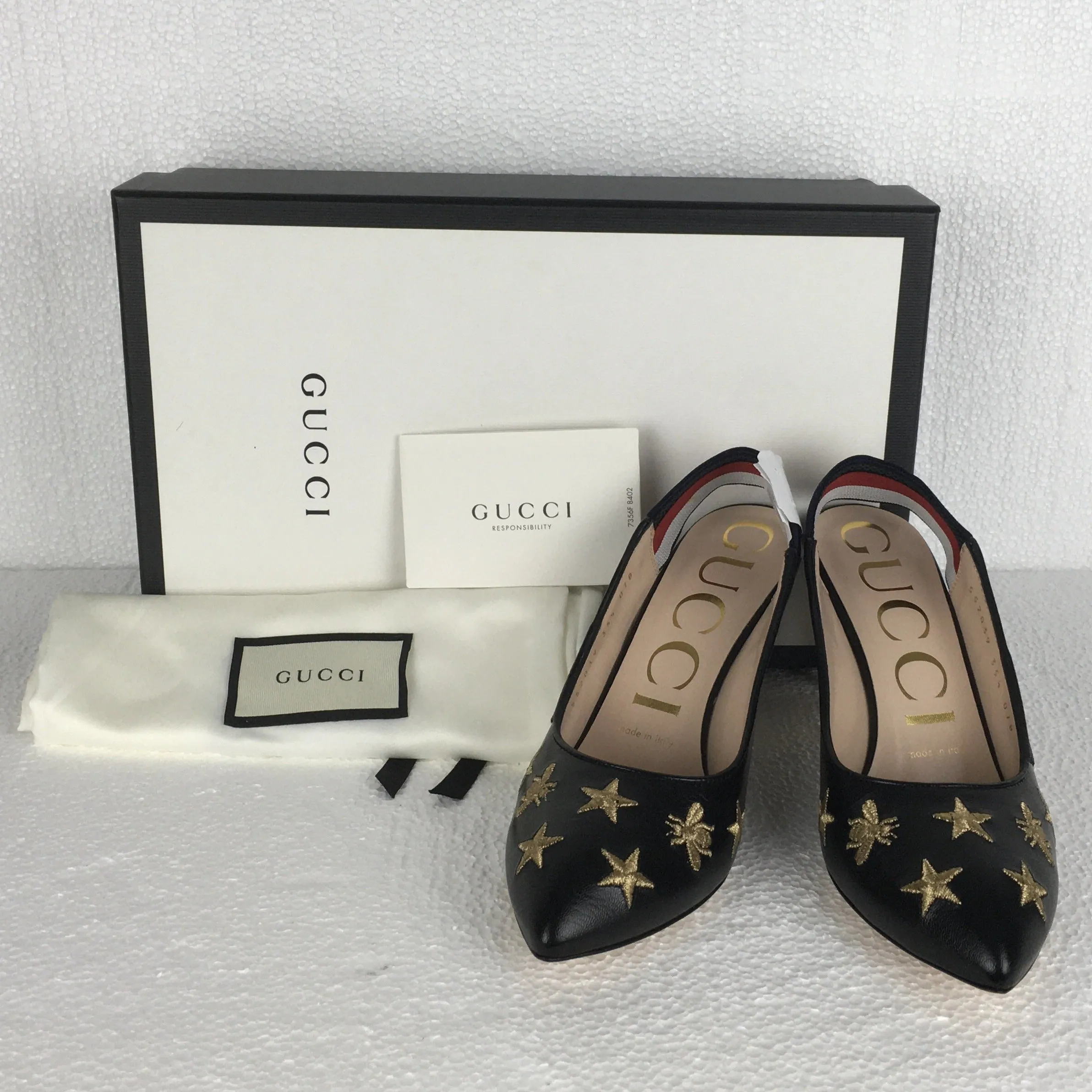 Gucci Women's Embroidered Star & Bee Gold Tone High Heel Slingback Web Pumps