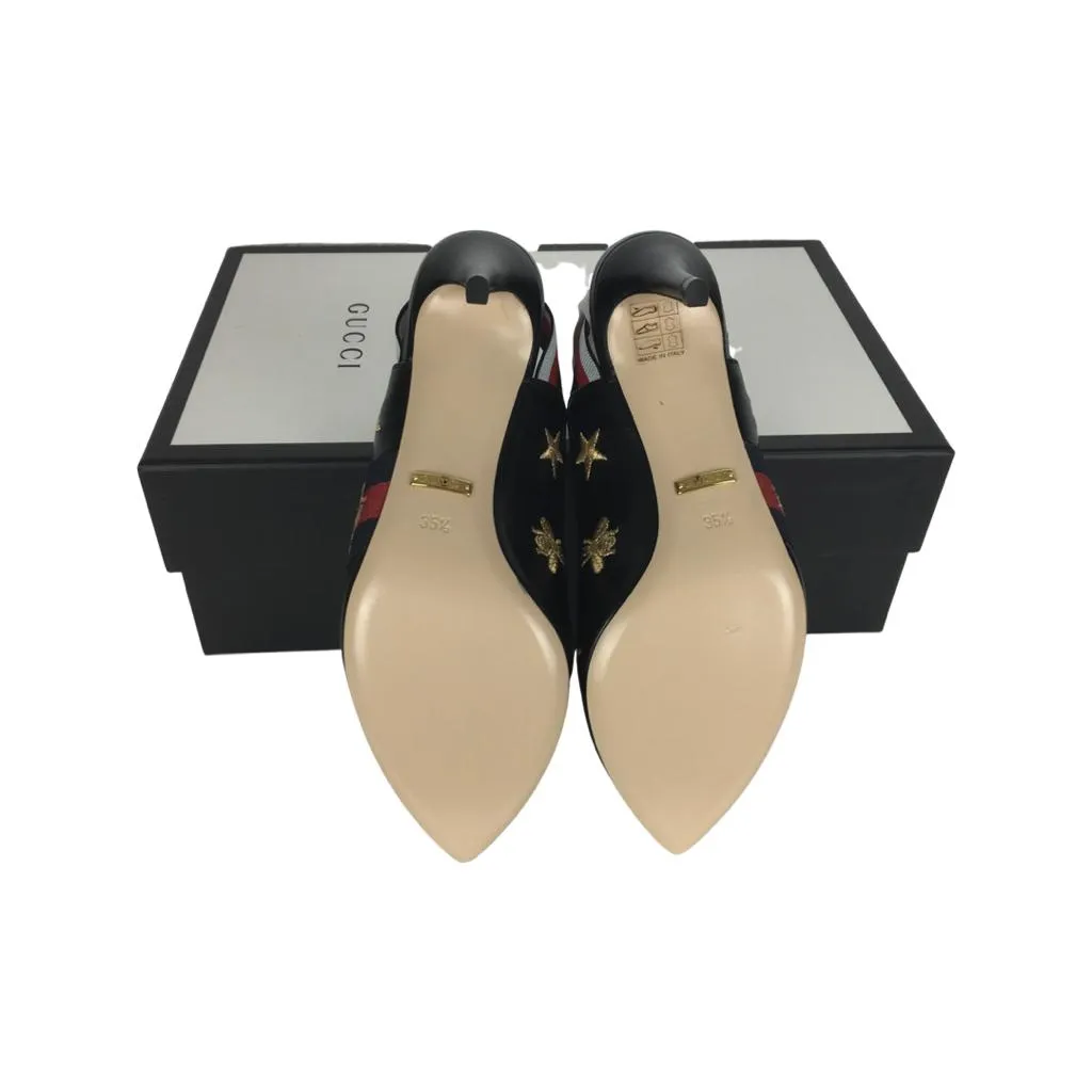 Gucci Women's Embroidered Star & Bee Gold Tone High Heel Slingback Web Pumps