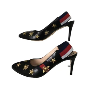 Gucci Women's Embroidered Star & Bee Gold Tone High Heel Slingback Web Pumps