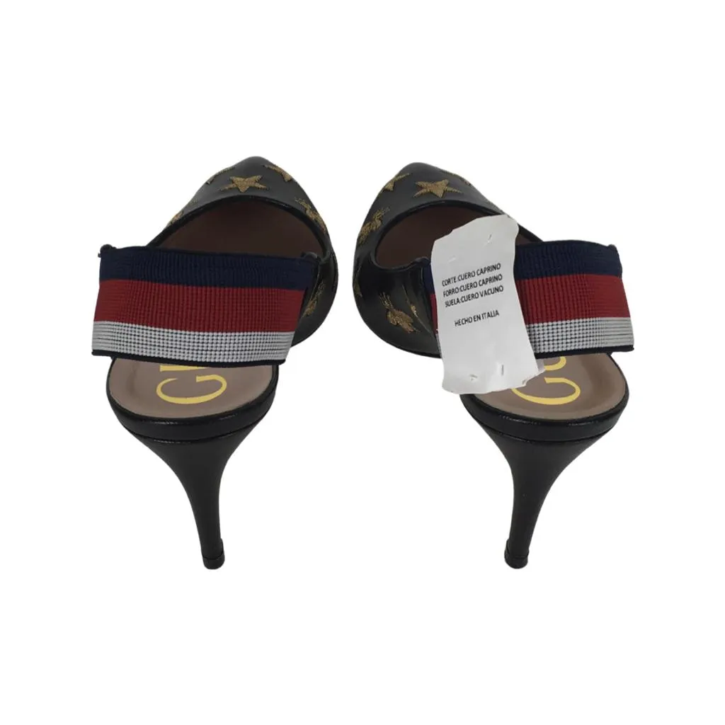 Gucci Women's Embroidered Star & Bee Gold Tone High Heel Slingback Web Pumps