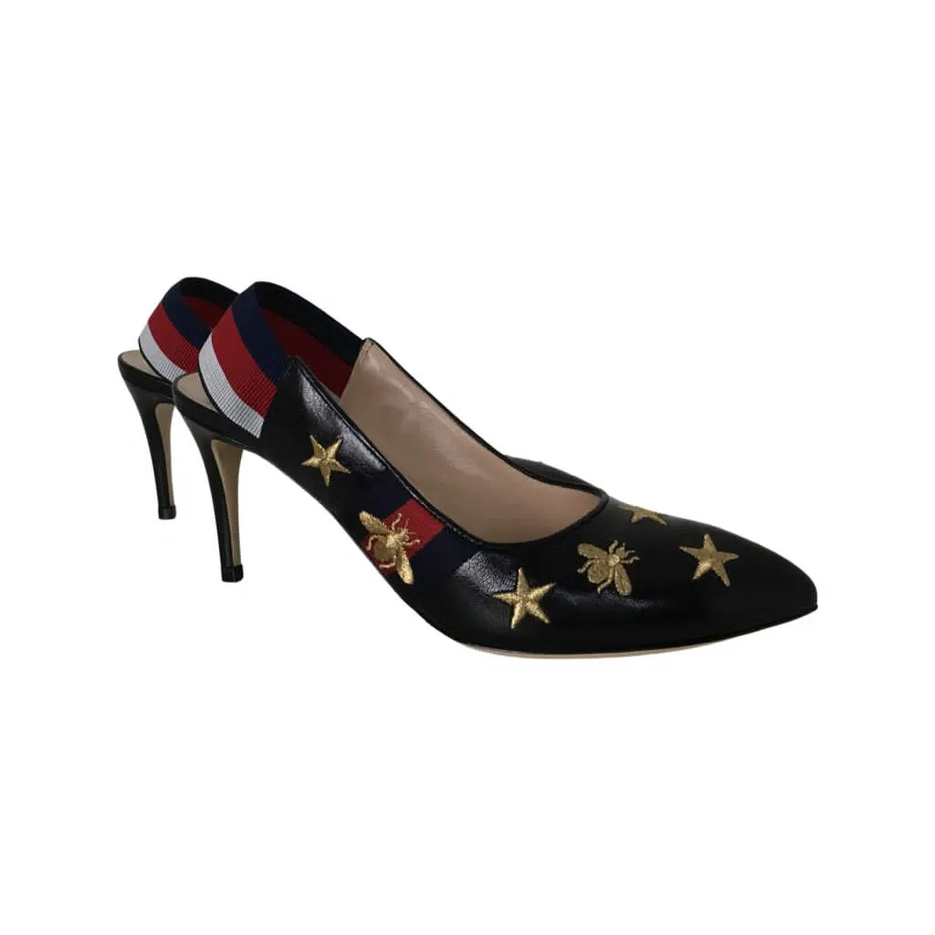 Gucci Women's Embroidered Star & Bee Gold Tone High Heel Slingback Web Pumps