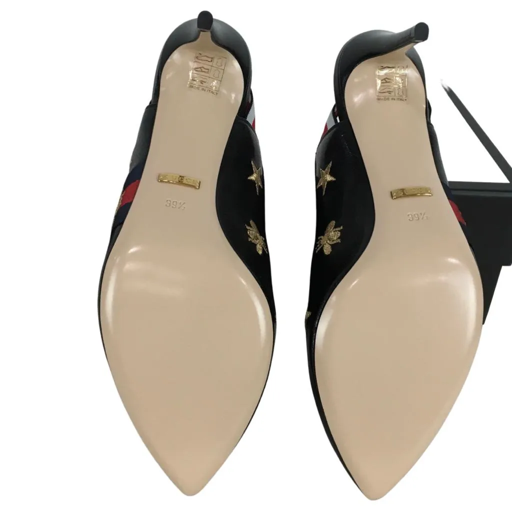 Gucci Women's Embroidered Star & Bee Gold Tone High Heel Slingback Web Pumps