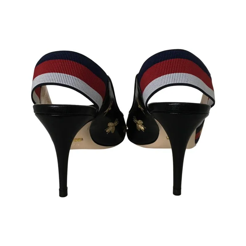 Gucci Women's Embroidered Star & Bee Gold Tone High Heel Slingback Web Pumps