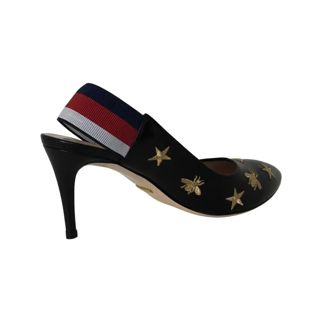 Gucci Women's Embroidered Star & Bee Gold Tone High Heel Slingback Web Pumps