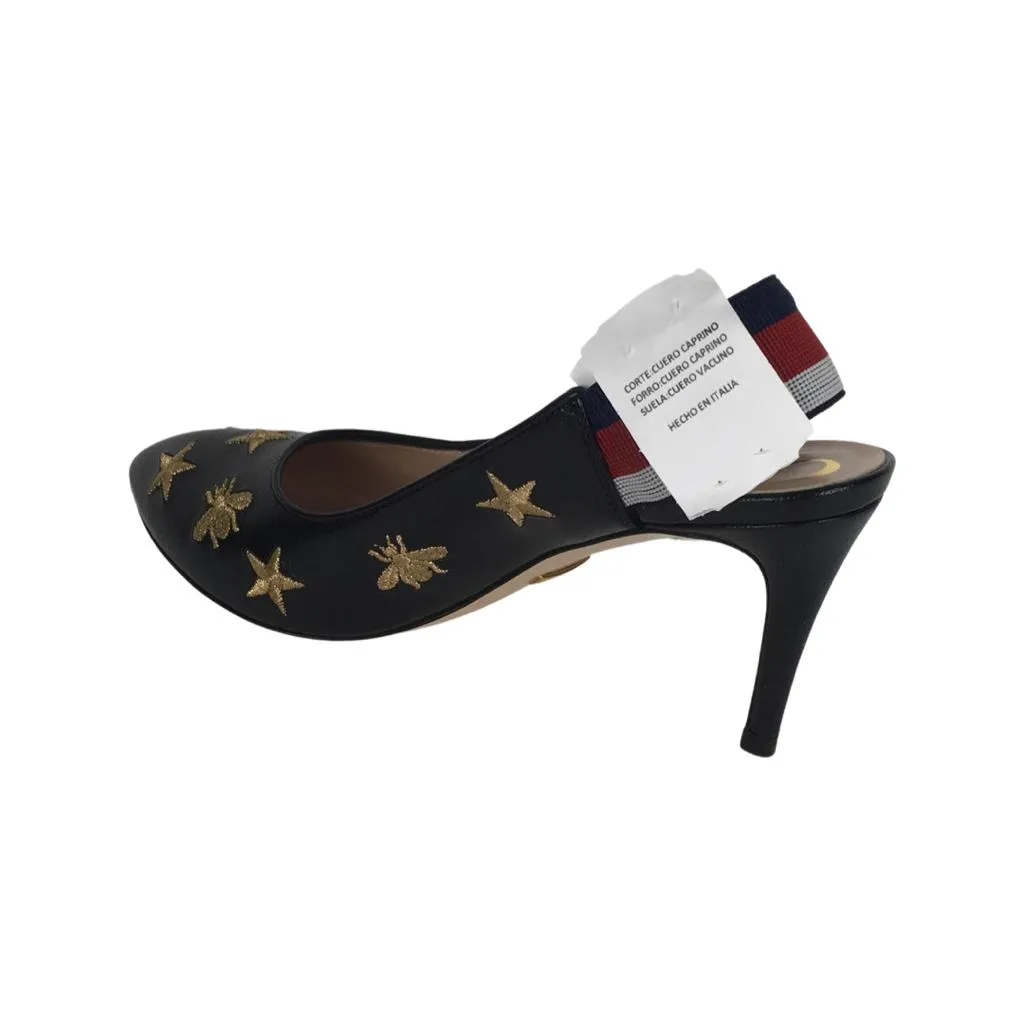 Gucci Women's Embroidered Star & Bee Gold Tone High Heel Slingback Web Pumps