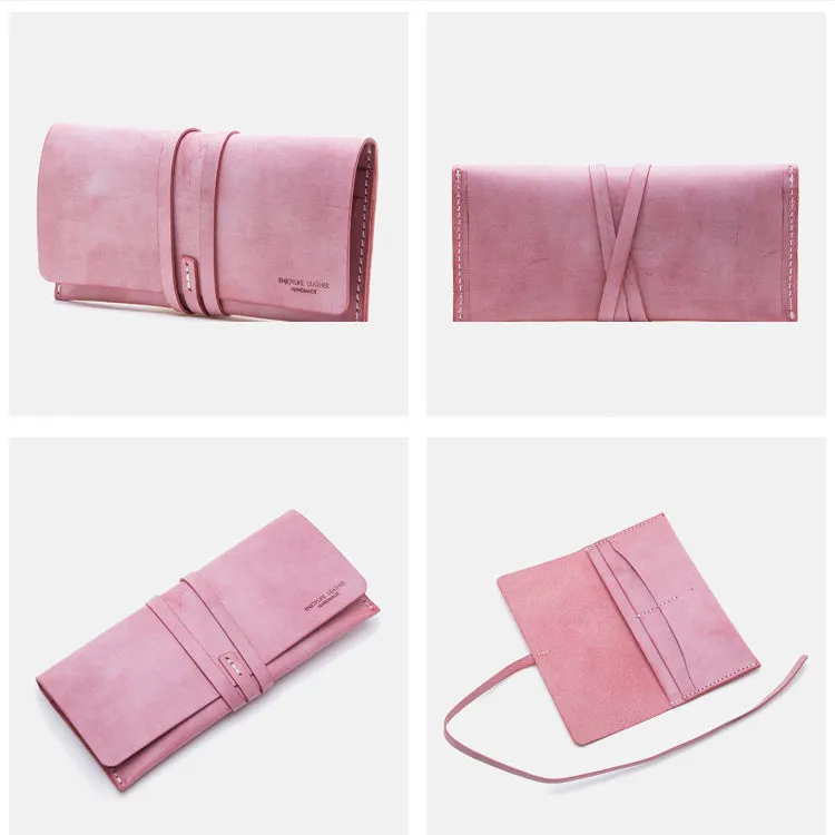 Handmade Ladies Pink Leather Long Wallets Clutch Bags Purses for Women