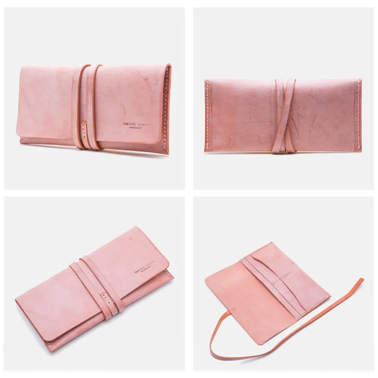 Handmade Ladies Pink Leather Long Wallets Clutch Bags Purses for Women