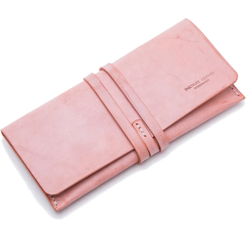 Handmade Ladies Pink Leather Long Wallets Clutch Bags Purses for Women