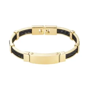 Ion Plated Polished 14k Gold & Stainless Steel Black Leather Bracelet