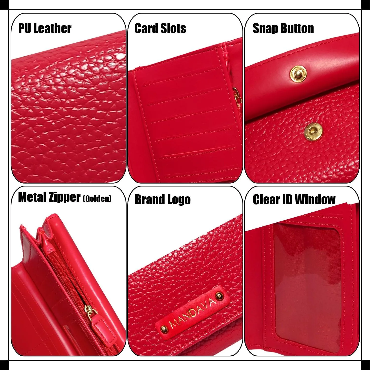 MANDAVA Women's PU Leather Slim Wallet | Ladies Compact Card Holder Trifold Long Purse (Cherry Red)