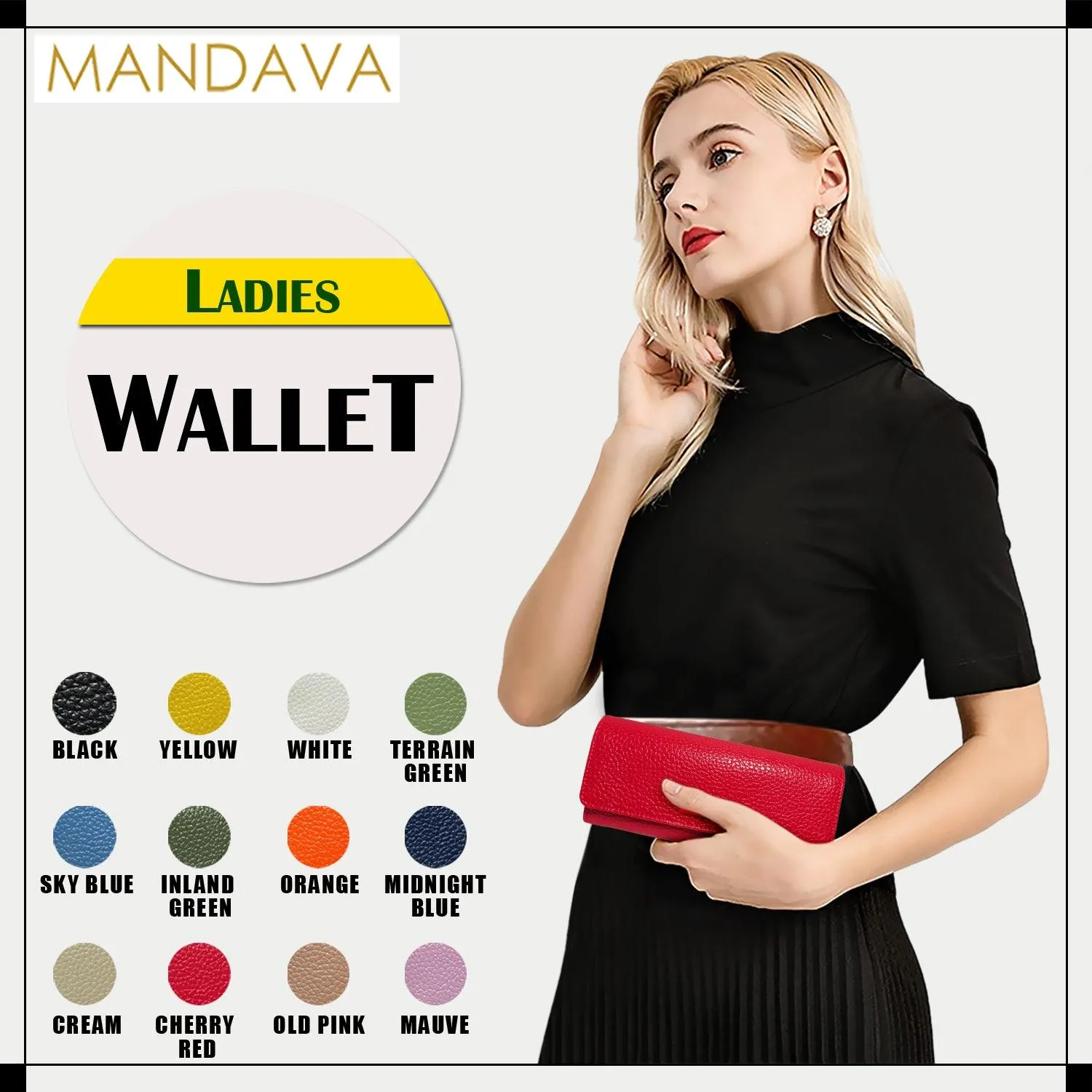 MANDAVA Women's PU Leather Slim Wallet | Ladies Compact Card Holder Trifold Long Purse (Cherry Red)