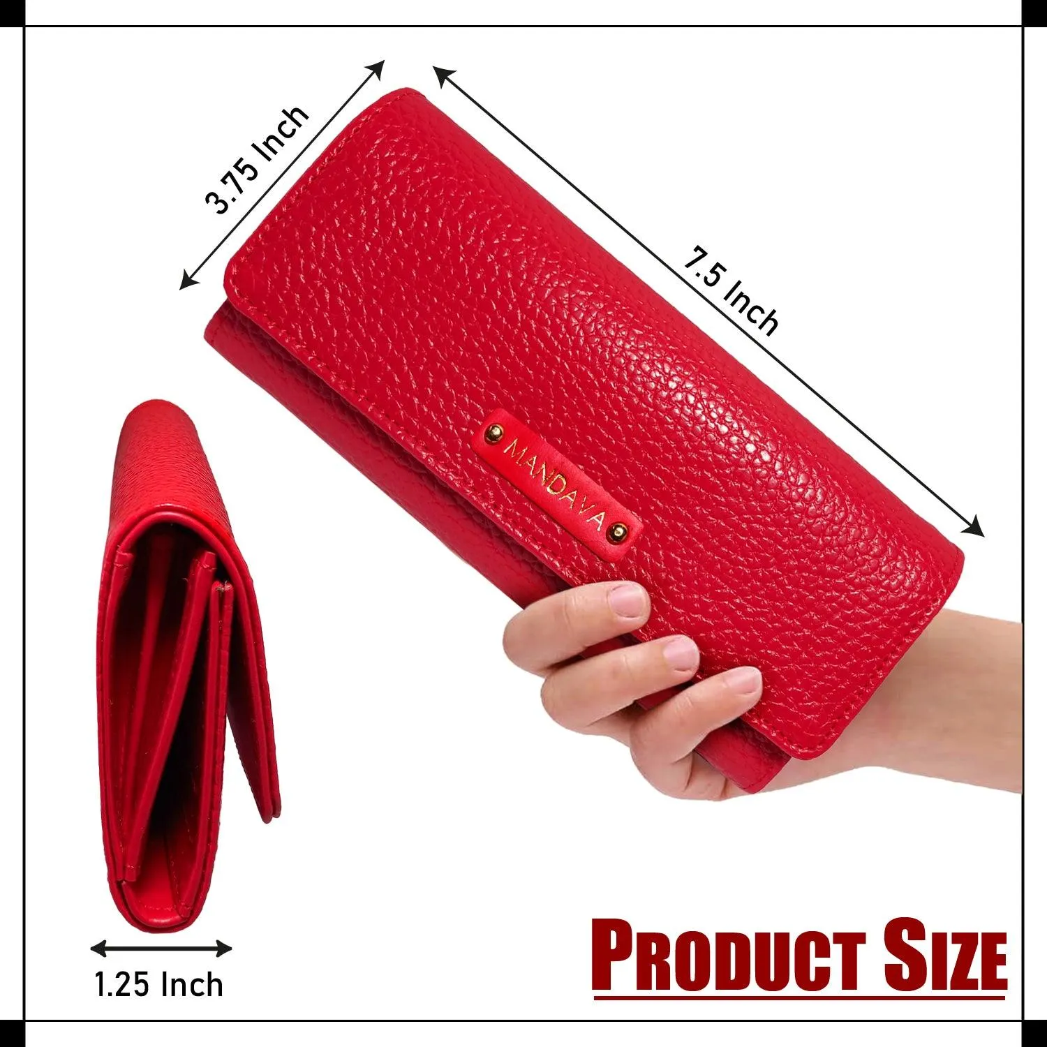 MANDAVA Women's PU Leather Slim Wallet | Ladies Compact Card Holder Trifold Long Purse (Cherry Red)