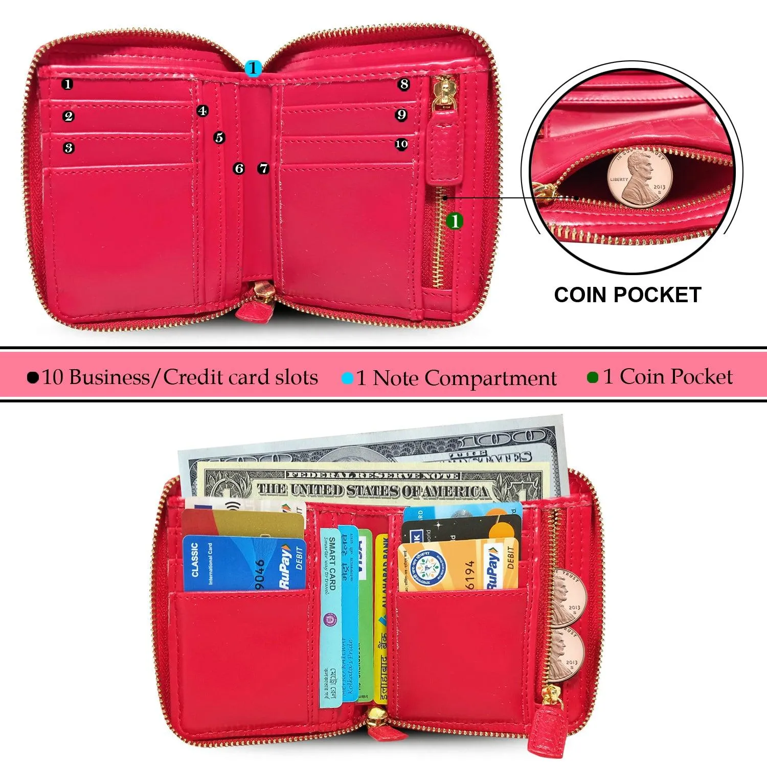 MANDAVA Women's Small Bifold PU Leather Wallet | Ladies Slim Compact Card Holder Organizer Zipper Coin Purse (Cherry Red)