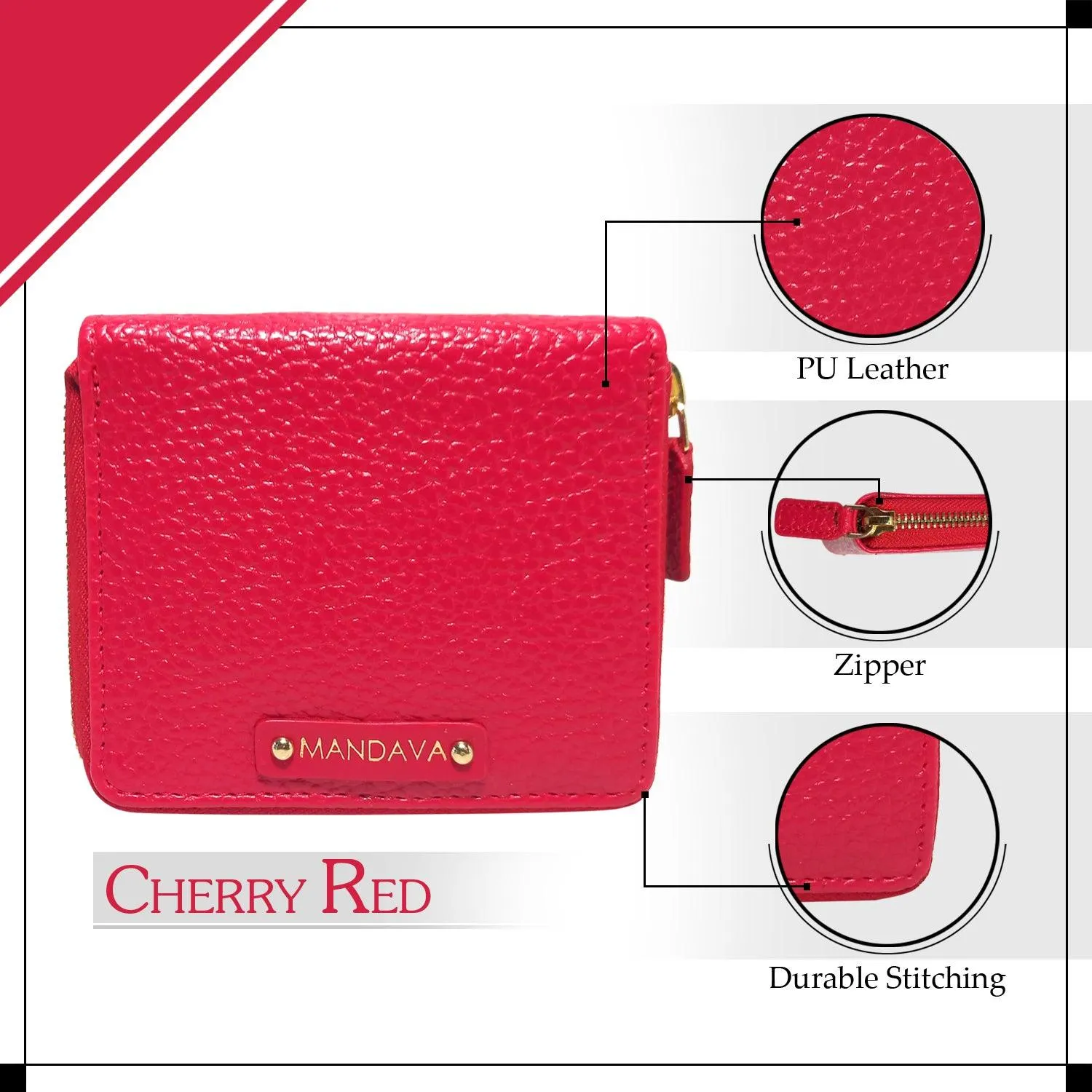 MANDAVA Women's Small Bifold PU Leather Wallet | Ladies Slim Compact Card Holder Organizer Zipper Coin Purse (Cherry Red)