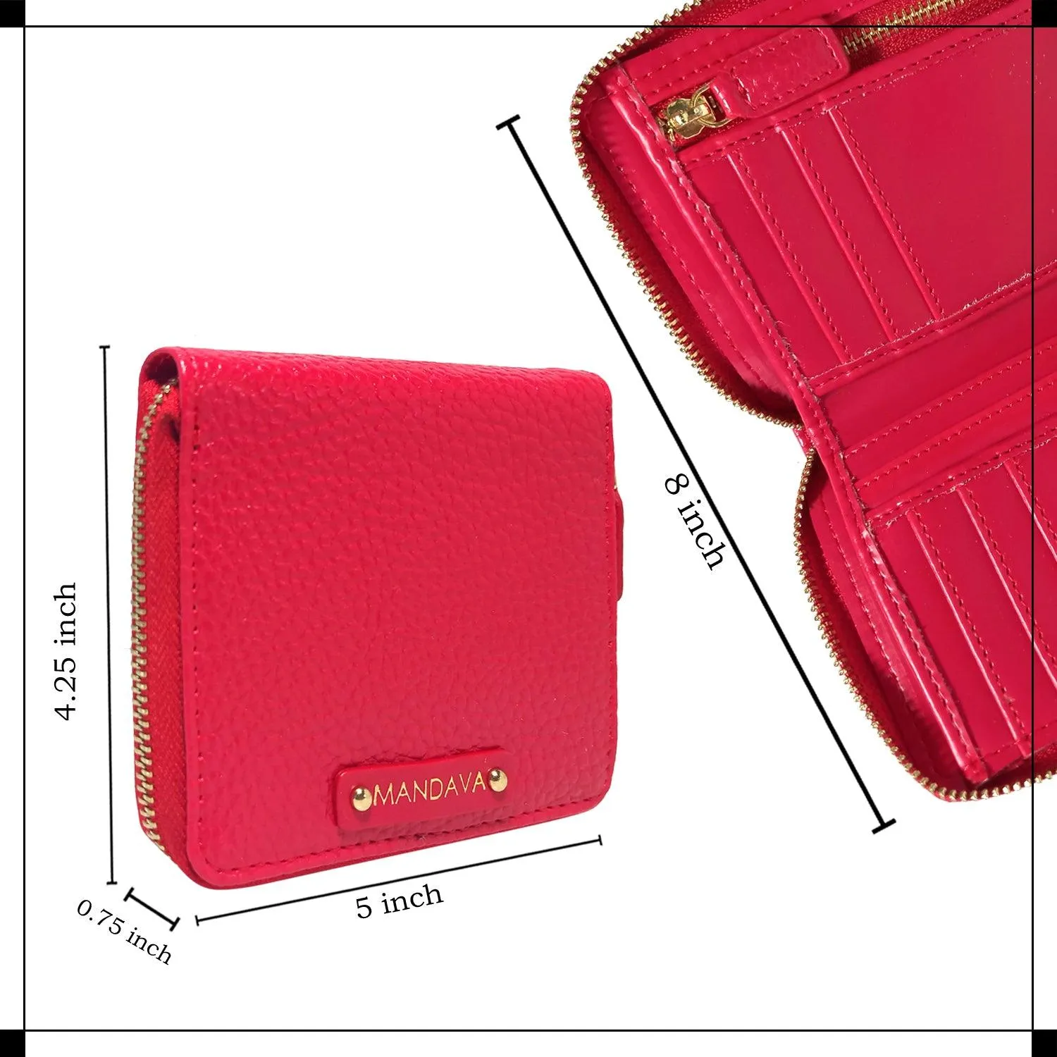 MANDAVA Women's Small Bifold PU Leather Wallet | Ladies Slim Compact Card Holder Organizer Zipper Coin Purse (Cherry Red)