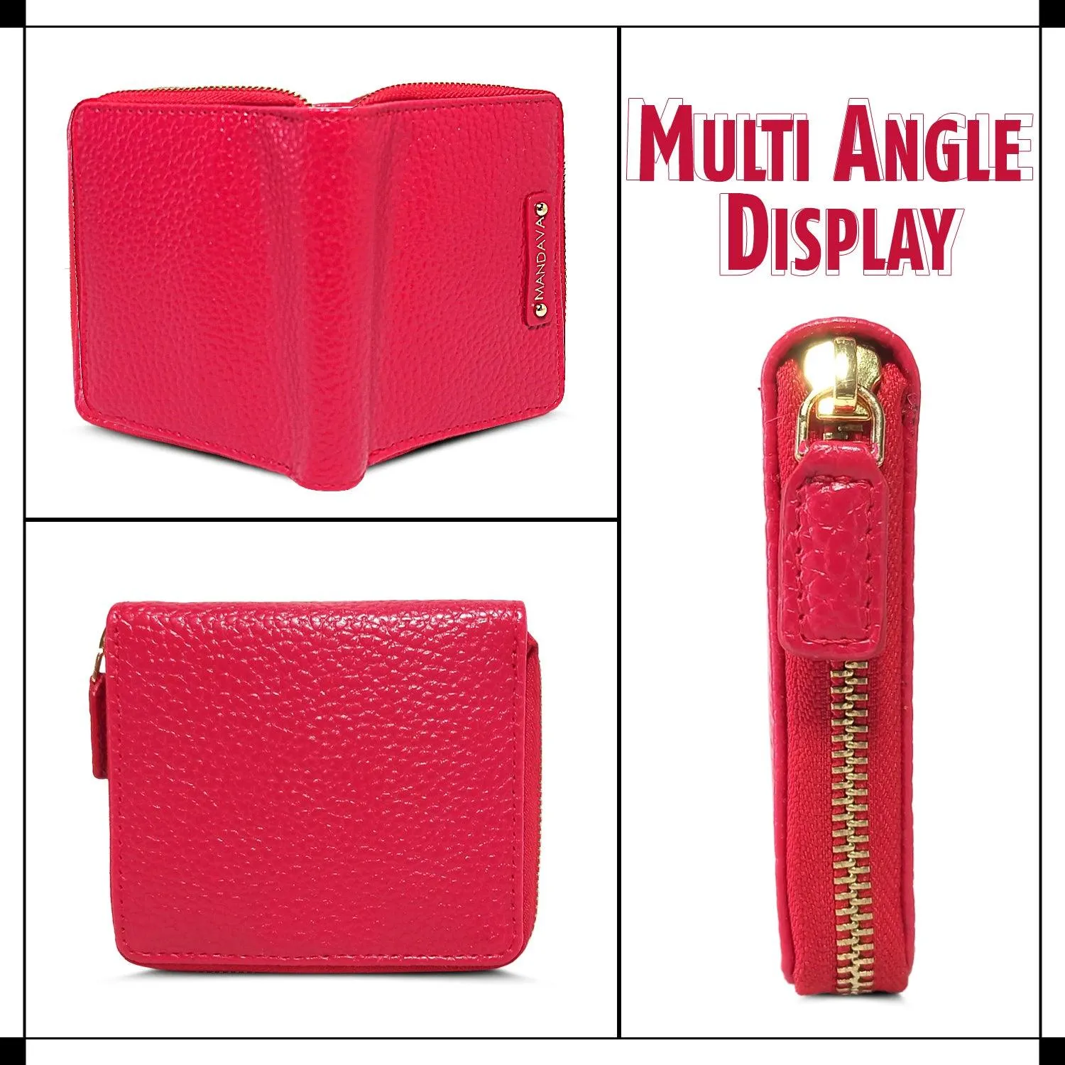 MANDAVA Women's Small Bifold PU Leather Wallet | Ladies Slim Compact Card Holder Organizer Zipper Coin Purse (Cherry Red)