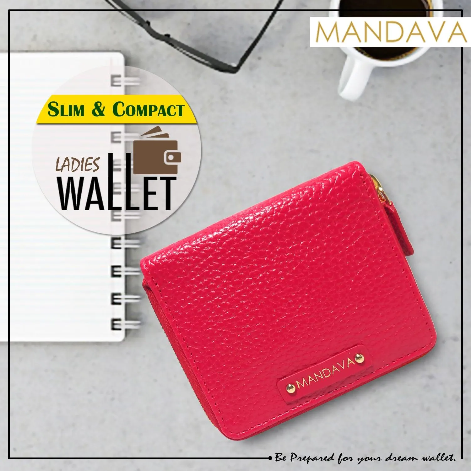 MANDAVA Women's Small Bifold PU Leather Wallet | Ladies Slim Compact Card Holder Organizer Zipper Coin Purse (Cherry Red)