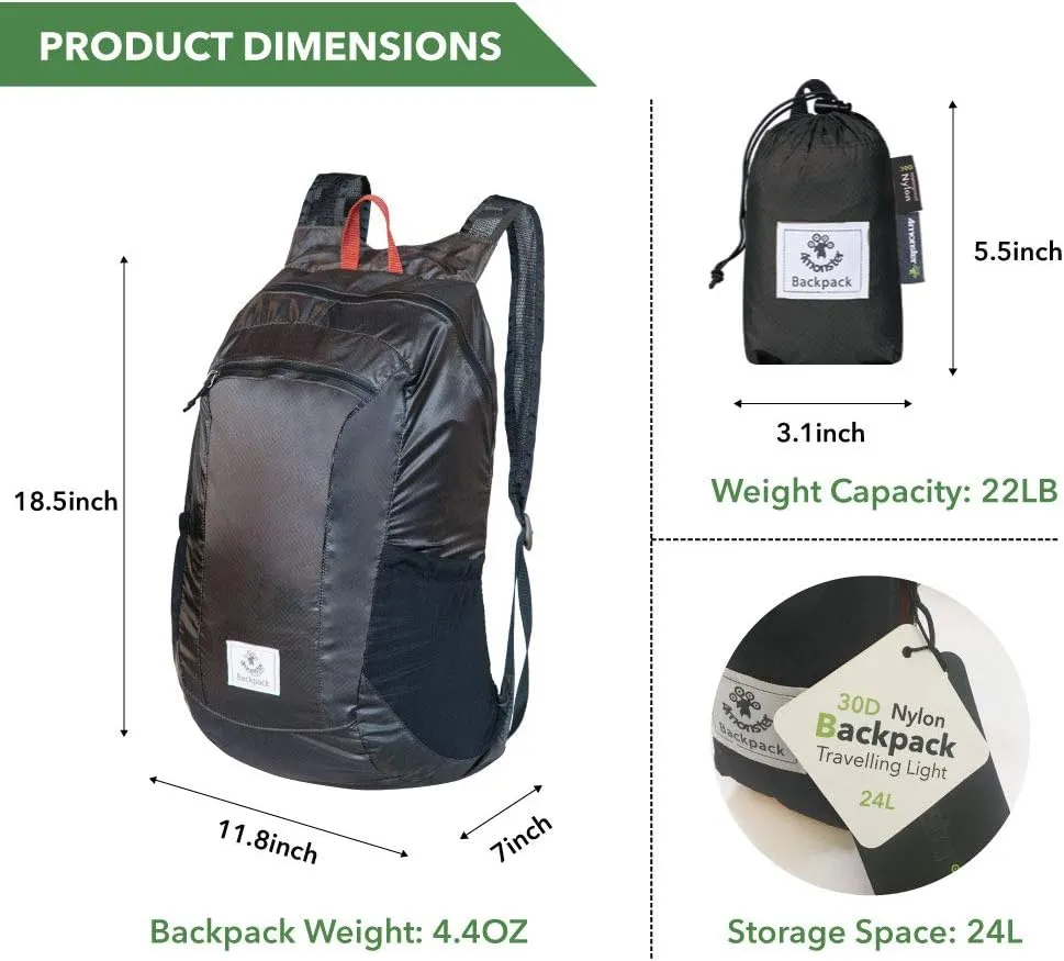 New 4Monster Hiking Daypack,Water Resistant Lightweight Packable Backpack for Travel Camping Outdoor, Black!