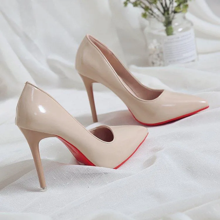 Nude Color Small Fresh High Heels Patent Leather Stiletto Single Shoes Korean Sexy Pointed Pumps Black Professional Work Shoes
